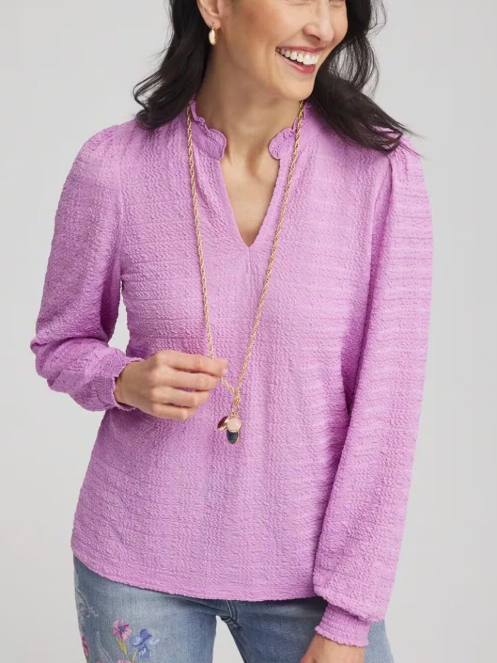 Chico's Smocked Long Sleeve Tee, Size XS, Like New